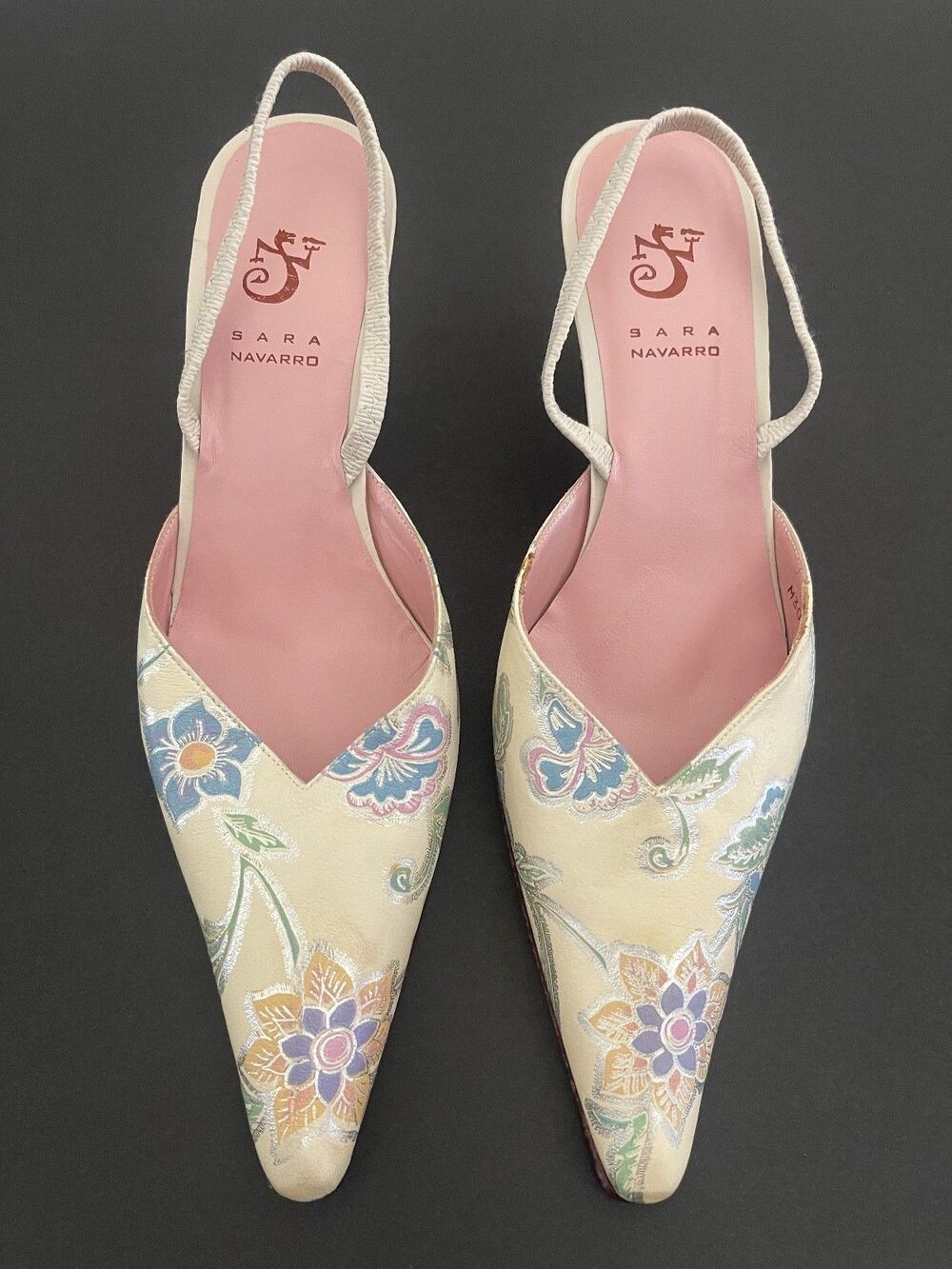 SARA NAVARRO Sz 36 Slingback Kitten Women's Pointed Toe Shoes Foral Pattern